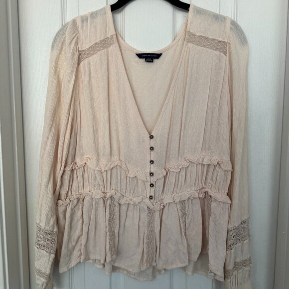 American Eagle Outfitters Tops - American Eagle Long-Sleeved Lace Pullover V-Neck Peasant Blouse, Cream, Size L